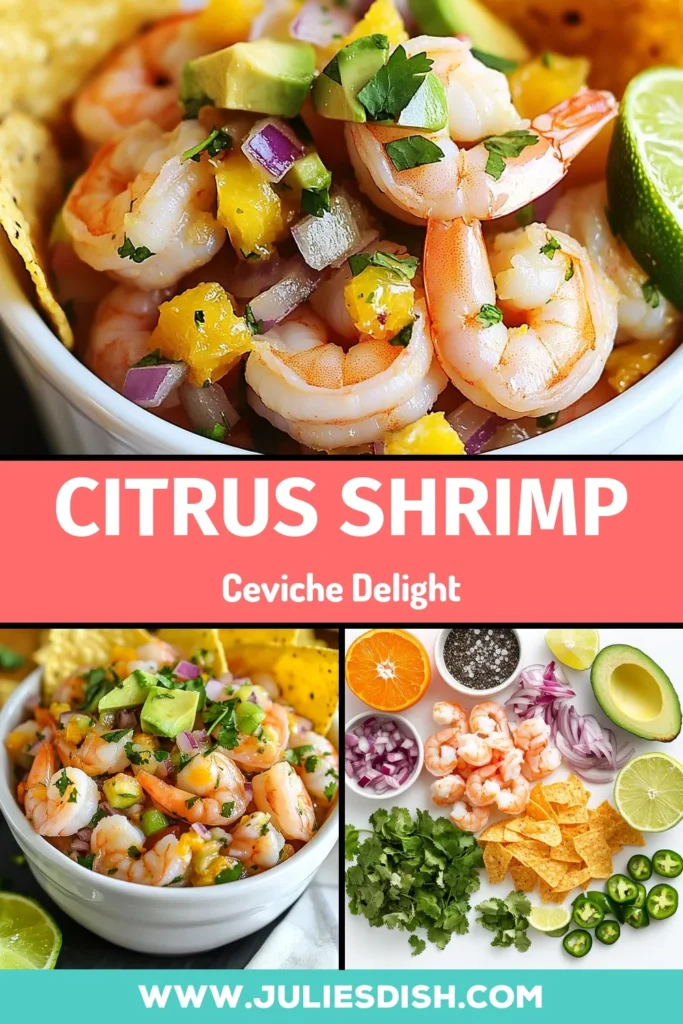 Dive into this refreshing citrus shrimp ceviche that's perfect for summer! This easy shrimp ceviche recipe features fresh shrimp marinated in zesty lime and orange juice, combined with creamy avocado for an irresistible twist. Enjoy homemade ceviche with citrus flavors that will impress your guests. Serve it with tortilla chips for a delightful appetizer. Save this avocado shrimp ceviche recipe now! #Ceviche #SeafoodLovers #HealthyRecipes #Appetizers