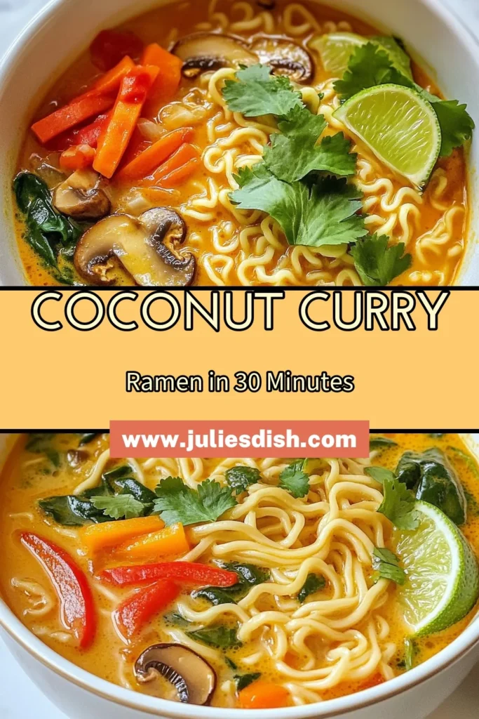 Craving a comforting bowl of Coconut Curry Ramen? This easy coconut curry noodle soup is the perfect vegan ramen with coconut milk! Packed with vibrant vegetables like shiitake mushrooms and bell peppers, it's a delicious vegetarian ramen recipe that warms the soul. Enjoy a spicy coconut curry soup ready in 30 minutes. Click to save this Coconut Curry Ramen recipe and elevate your meal game! #CoconutCurryRamen #VeganRamen #EasyNoodleSoup #VegetarianRecipes
