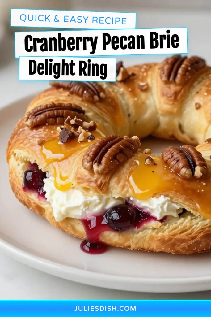 Impress your guests this holiday season with our easy Cranberry Pecan Brie Recipe! This delightful Crescent Roll Appetizer features gooey brie, tart cranberry sauce, and crunchy pecans, all wrapped in a flaky crescent dough ring. Perfect for festive gatherings, this Holiday Cheese Ring is a must-try! Serve it warm for the ultimate festive snack idea. Save this recipe now and elevate your holiday entertaining! #CranberryPecanBrie #CrescentRollAppetizer #HolidayCheeseRing #EasyBrieBake