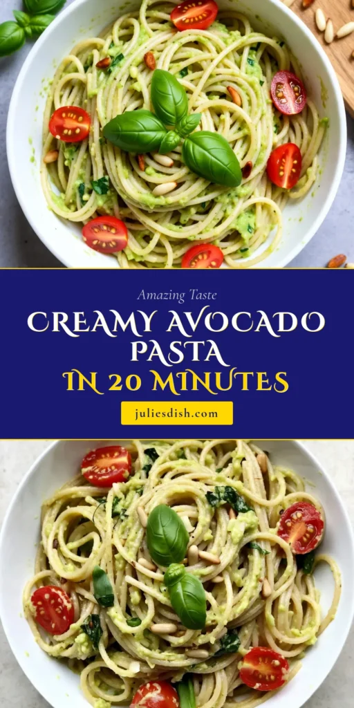 Discover this creamy avocado pasta recipe that combines whole grain spaghetti with avocado for a deliciously easy avocado pasta dish. Perfect for busy weeknights, this vegan pasta recipe is packed with healthy avocado sauce, garlic, and fresh basil. Whip it up in 20 minutes for a satisfying meal that everyone will love. Save this recipe now for a nutritious dinner option! #CreamyAvocadoPasta #VeganPasta #HealthyRecipes #EasyDinnerIdeas