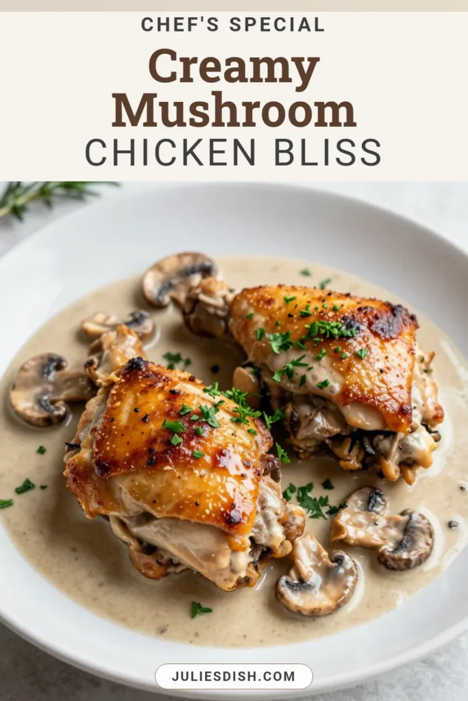 Savor the deliciousness of creamy mushroom chicken thighs with this easy weeknight dinner recipe! These bone-in chicken thighs are seared to perfection and simmered in a rich, creamy sauce with aromatic herbs and savory mushrooms. Ideal for busy nights, this creamy chicken recipe will quickly become a favorite. Ready in just 45 minutes, it's a must-try for all chicken thigh lovers. Click to explore the full recipe and save it for later! #CreamyMushroomChickenThighs #ChickenThighRecipes #EasyWeeknightDinners #CreamyChickenRecipes