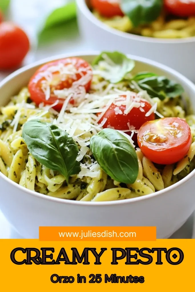 Discover this creamy pesto orzo recipe that combines orzo pasta with pesto in an irresistible dish. Perfect for busy weeknights, this easy creamy pasta recipe is a delightful vegetarian orzo dish that everyone will love. With simple ingredients and quick prep, it’s ideal for a satisfying meal. Get inspired to create this basil pesto pasta recipe, and don’t forget to save it for later! #OrzoRecipe #PastaLovers #VegetarianRecipes #EasyCooking