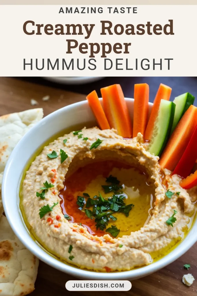 Looking for a delicious and healthy dip? Try this roasted red pepper hummus! This homemade hummus recipe is simple to make and perfect for vegan appetizers or any gathering. Packed with chickpeas, tahini, and zesty roasted red peppers, it’s a great addition to your healthy dip recipes collection. Serve it with pita or veggies for a nutritious snack. Save this recipe for your next get-together! #RoastedRedPepperHummus #VeganAppetizers #HealthyDipRecipes #ChickpeaRecipes