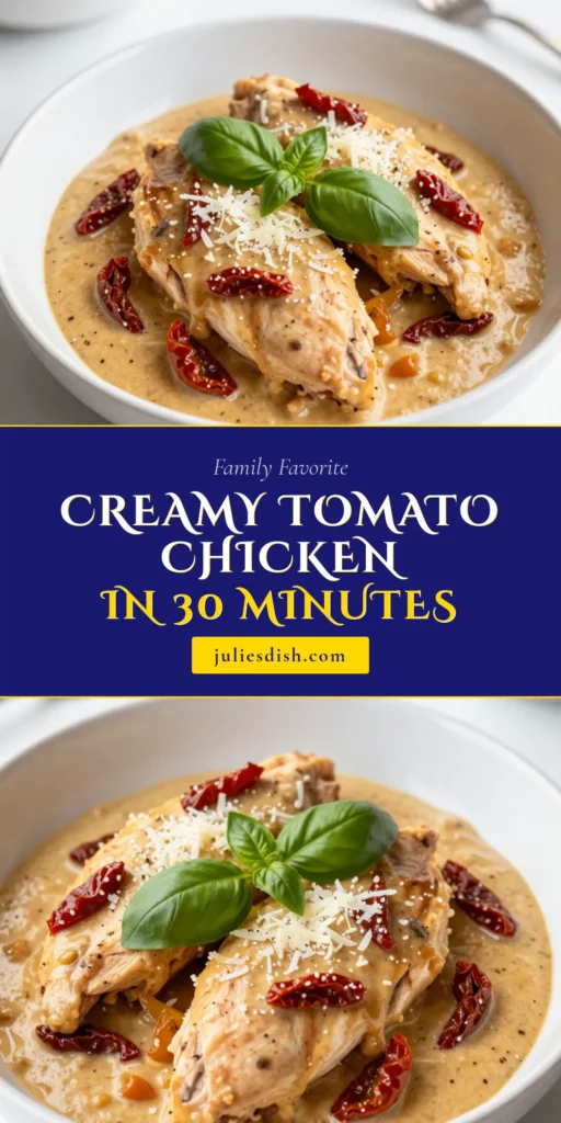 Discover the deliciousness of Creamy Sun-Dried Tomato Chicken! This Easy Creamy Chicken Recipe features tender chicken with sun-dried tomatoes in a rich, dreamy sauce. Perfect for a quick Italian chicken dinner, it’s ready in just 30 minutes. Pair it with sun-dried tomato pasta sauce for a complete meal. Save this recipe for your weeknight dinners and impress your family tonight! #CreamySunDriedTomatoChicken #ChickenWithSunDriedTomatoes #EasyCreamyChickenRecipe #ItalianChickenDinner