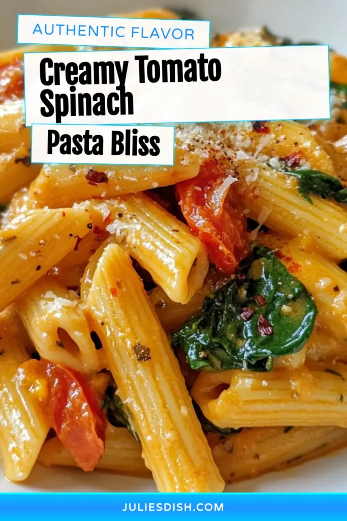 Indulge in this delicious Creamy Tomato Spinach Pasta that’s perfect for busy weeknights! This easy pasta recipe combines fresh spinach and a rich creamy pasta sauce for a satisfying vegan pasta dish. Ready in just 25 minutes, it’s your go-to quick weeknight dinner. Make it with heavy cream or a dairy-free alternative for a delightful meal everyone will love. Don't forget to save this recipe for later! #CreamyTomatoSpinachPasta #EasyPastaRecipes #VeganPastaDishes #QuickDinnerIdeas