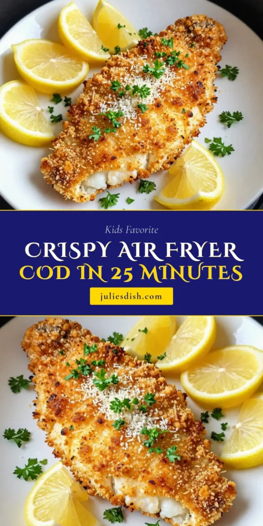 Looking for a delicious and healthy Air Fryer Cod Recipe? Try this Parmesan Crusted Cod that's perfect for an easy air fryer seafood dish! With crispy panko and savory Parmesan, these cod fillets air fryer style are simple to make and packed with flavor. In just 25 minutes, you can enjoy this healthy cod recipe that will impress family and friends. Save this recipe for your next meal! #AirFryerCodRecipe #ParmesanCrustedCod #EasyAirFryerSeafood #HealthyCooking