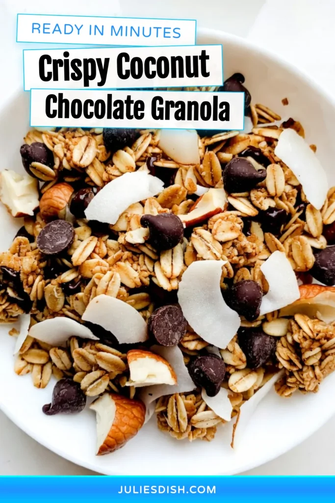 Indulge in this delicious Coconut Chocolate Chip Granola, the perfect blend of flavors for a tasty, healthy snack! This healthy granola recipe is easy to make and features nutty coconut with dark chocolate chips for a delightful crunch. Enjoy homemade granola with chocolate any time of the day. Try this easy granola recipe to elevate your breakfast or snack game. Save this recipe to make your mornings brighter! #HealthyGranola #GranolaRecipe #ChocolateLovers #CoconutGranola