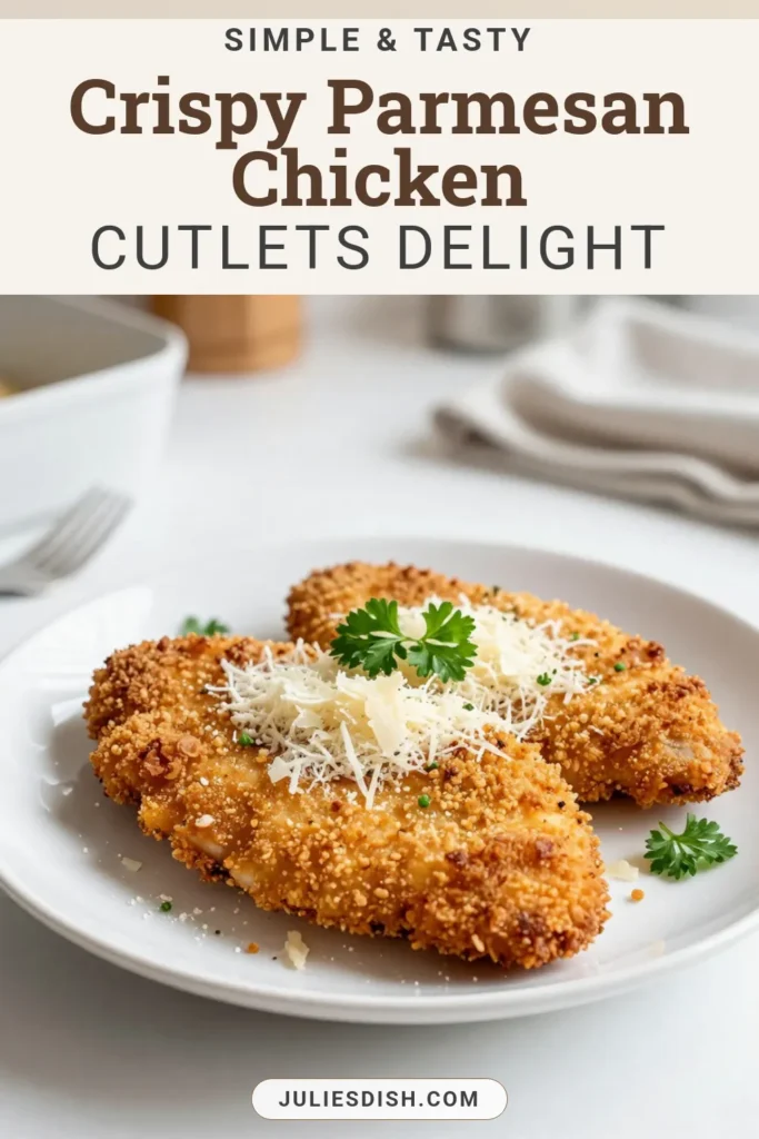 Savor the flavor with these Crunchy Parmesan Chicken Cutlets! This easy Baked Chicken Cutlets Recipe features tender chicken coated in a delectable mixture of Parmesan cheese and breadcrumbs. Perfect for a weeknight dinner, this recipe guarantees crispy, golden Chicken Cutlets with Breadcrumbs that your family will love. Ready in just 30 minutes! Save this recipe now for your next meal! #ChickenCutlets #ParmesanCrustedChicken #EasyChickenCutlets #BakedChickenCutlets