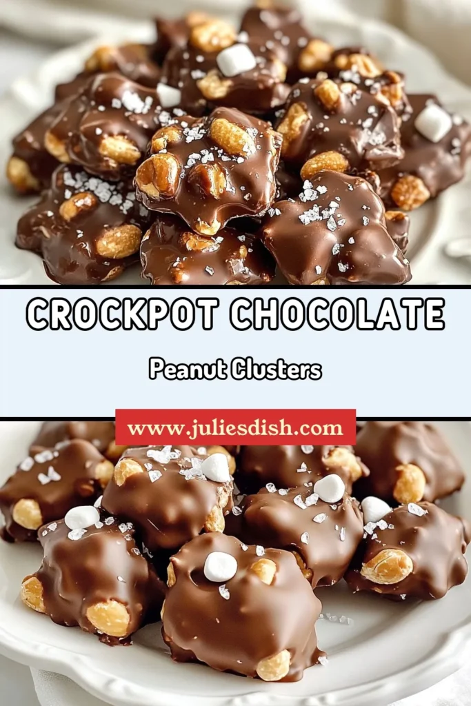 Indulge in these irresistible Crockpot chocolate clusters that are perfect for any occasion! This easy chocolate peanut clusters recipe combines semi-sweet and milk chocolate with crunchy roasted peanuts for a delightful treat. Use your slow cooker to create these homemade chocolate candy snacks effortlessly. Perfect for gift-giving or satisfying your sweet tooth! Save this recipe for a simple and delicious chocolate treat. #CrockpotChocolateClusters #ChocolatePeanutClustersRecipe #EasyChocolateTreats #SlowCookerChocolateSnacks
