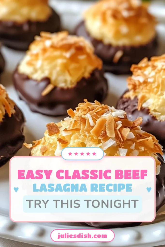 Indulge in the delightful taste of Chocolate Coconut Macaroons with this easy coconut macaron recipe! These homemade macaroons with coconut are a gluten-free coconut dessert that will satisfy your sweet cravings. With a luscious dark chocolate coating, they’re perfect for any occasion. Ready in under an hour, these treats are a must-try! Save this recipe for your next baking adventure! #ChocolateCoconutMacaroons #GlutenFreeDessert #EasyCoconutMacaron #DarkChocolateMacaroons