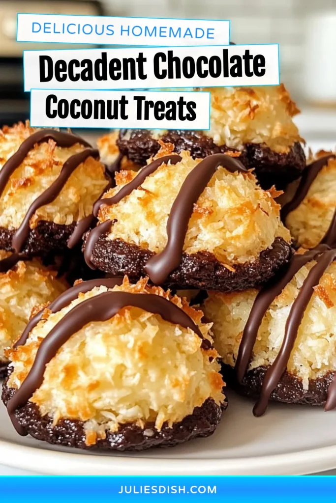 Indulge in these delightful chocolate coconut macaroons! This easy macaroon recipe combines shredded coconut with rich chocolate for a perfect vegan treat. Ideal for any coconut dessert recipe lover, these homemade macaroons are simple to make and scrumptious. Perfect for parties or a sweet snack. Try this recipe and elevate your dessert game today! Save it for later! #ChocolateCoconutMacaroons #EasyMacaroonRecipe #VeganChocolateMacaroons #CoconutDessertRecipes