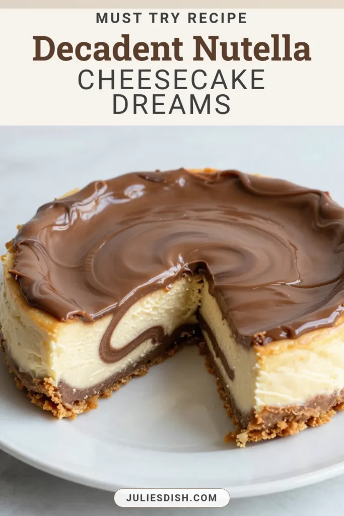 Indulge in this easy Nutella cheesecake recipe that turns rich Nutella into a creamy dessert! This chocolate swirl cheesecake features a perfectly marbled cheesecake that’s simple to make and irresistibly delicious. Perfect for gatherings or as a special treat, this creamy Nutella dessert will wow your friends and family. Save this marbled cheesecake recipe for your next baking adventure! #NutellaCheesecake #ChocolateSwirlCheesecake #EasyCheesecake #CreamyDessert