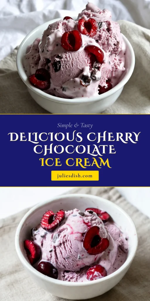 Indulge in this creamy and delicious Cherry Chocolate Chunk Ice Cream, a must-try for dessert lovers! This homemade cherry ice cream combines fresh cherries and rich dark chocolate chunks for a perfect no-churn cherry ice cream experience. It's an easy ice cream recipe that promises delight in every scoop. Make your summer sweet and save this recipe for later! You won't regret it. #CherryChocolateIceCream #NoChurnIceCream #HomemadeDessert #IceCreamRecipe
