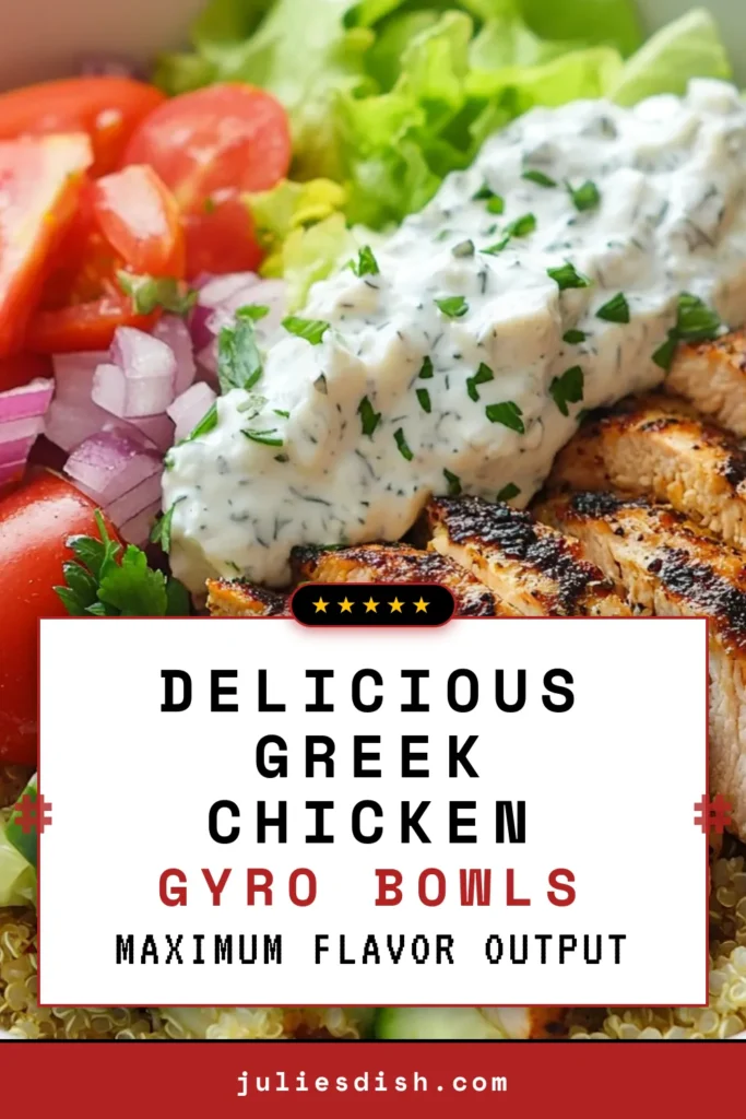 Savor the flavors of Greece with these delicious Greek chicken gyro bowls! This healthy gyro bowl recipe features marinated chicken served over a base of quinoa and fresh veggies, topped with creamy tzatziki sauce. Perfect for a nutritious meal, this quinoa chicken gyro is inspired by Mediterranean chicken salad and is easy to prepare. Try this recipe today for a tasty twist on a classic favorite! Save this for your next meal prep! #GreekChickenGyroBowls #HealthyRecipe #QuinoaChickenGyro #MediterraneanFood