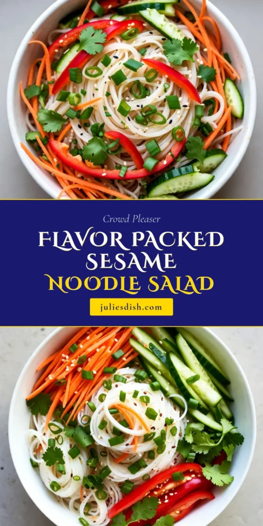 Discover the deliciously refreshing Sesame Ginger Noodle Salad! This Rice Noodle Salad Recipe features vibrant vegetables and a mouthwatering Asian Noodle Salad Dressing that’s gluten-free. Perfect for summer picnics or meal prep, this Cold Noodle Salad with Vegetables is quick to make and packed with flavor. Try this Gluten-Free Noodle Salad Recipe today and enjoy a tasty meal! Save this for your next cooking adventure! #NoodleSalad #GlutenFreeRecipe #AsianCuisine #HealthyEating