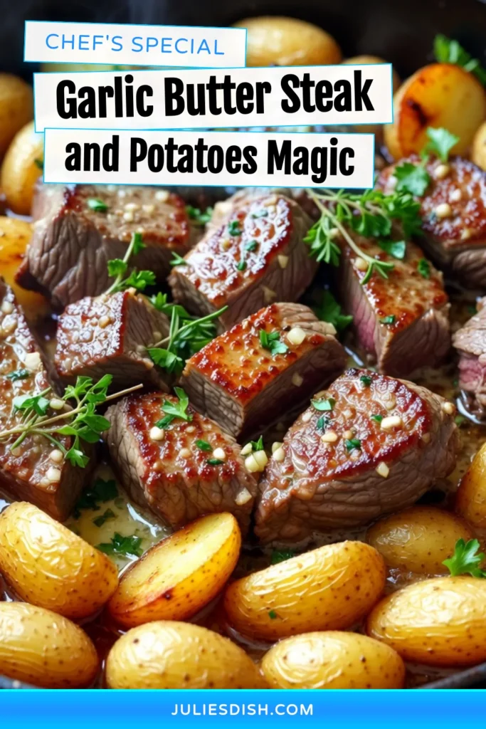 Indulge in this easy beef dinner featuring a sizzling garlic butter steak and potatoes skillet that will satisfy your cravings! This sirloin steak recipe is perfect for busy weeknights, combining tender steak cubes and golden baby potatoes, all brought together with a rich garlic butter recipe. Try this mouthwatering dish tonight and impress your family! Save this skillet steak and potatoes recipe for your next meal! #SteakRecipes #SkilletDinner #EasyBeef #GarlicButter