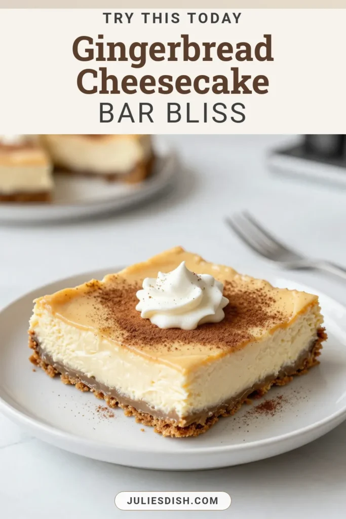 Delight in these delectable gingerbread cheesecake bars, the perfect addition to your holiday dessert recipes! These easy cheesecake bars combine creamy cheesecake with warm gingerbread spices, making them a must-try for any festive gathering. Impress your guests with these simple yet stunning gingerbread dessert ideas. Save this recipe for your holiday baking and enjoy a delightful treat! #GingerbreadCheesecakeBars #HolidayDesserts #EasyCheesecakeBars #FestiveRecipes