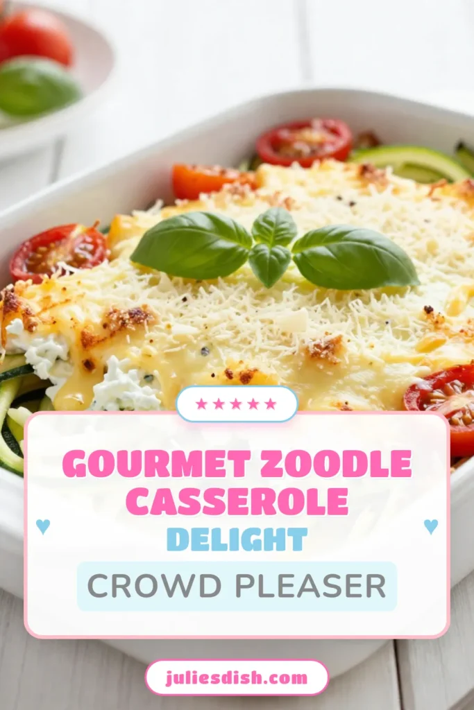 Looking for a delicious way to enjoy a low carb casserole? Try this Baked Zoodle Casserole! This Parmesan Zucchini Recipe combines spiralized zucchini noodles with ricotta, mozzarella, and fresh tomatoes for a satisfying Vegetarian Pasta Alternative. Perfect for a healthy weeknight dinner, it's easy to make and sure to impress. Save this recipe now and delight your taste buds! #BakedZoodleCasserole #LowCarbCasserole #ParmesanZucchiniRecipe #SpiralizedZucchiniDish