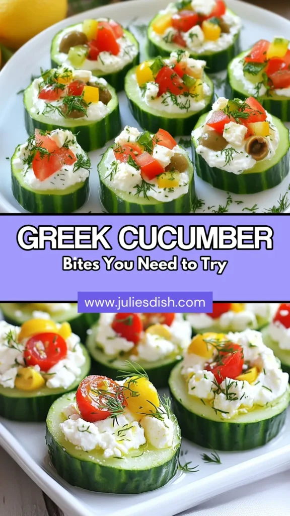 Discover the perfect healthy cucumber appetizers with these Greek stuffed cucumber bites! Bursting with flavor from a creamy Greek yogurt dip recipe and topped with feta cheese, these Mediterranean party snacks are a hit at any gathering. Easy to make and fresh, these feta cheese cucumber boats are sure to impress. Serve them chilled for a delightful treat! Save this recipe for your next event! #GreekStuffedCucumberBites #HealthyAppetizers #MediterraneanSnacks #FetaCheese