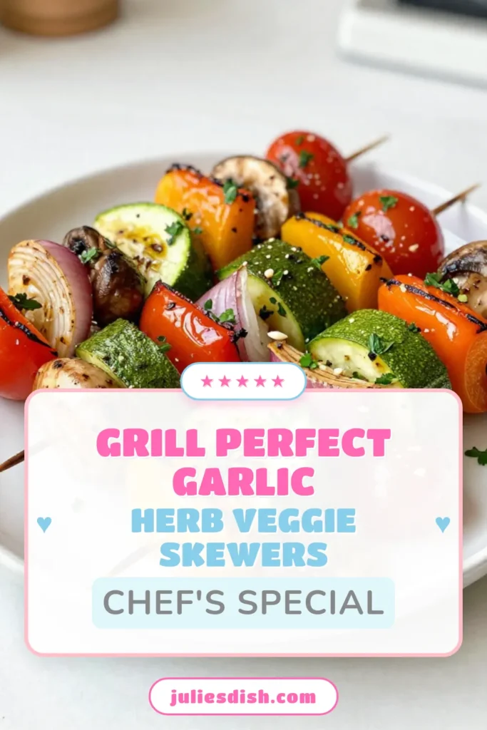 Fire up your grill with these delicious Garlic Herb Veggie Skewers! This grilled vegetable recipe is the perfect healthy vegetable skewers for any occasion. With vibrant bell peppers, zucchini, and mushrooms marinated in a zesty garlic herb mix, these easy grill recipes make an amazing vegetarian side dish. Get ready to impress your guests! Try this recipe and save it for later. #GarlicHerbVeggieSkewers #GrilledVegetableRecipe #EasyGrillRecipes #HealthyVegetableSkewers