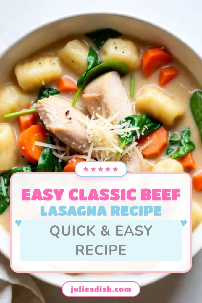 Warm up with this delicious Creamy Chicken Gnocchi Soup, the perfect Comfort Food Soup! This Chicken Gnocchi Soup Recipe is both easy to make and packed with healthy ingredients. In just 40 minutes, you can enjoy a bowl of this flavorful Easy Gnocchi Soup that combines tender chicken, creamy broth, and fresh spinach. Don't miss out on this crowd-pleaser! Save the recipe for your next cozy night in. #ChickenGnocchiSoup #ComfortFood #HealthySoup #GnocchiRecipe