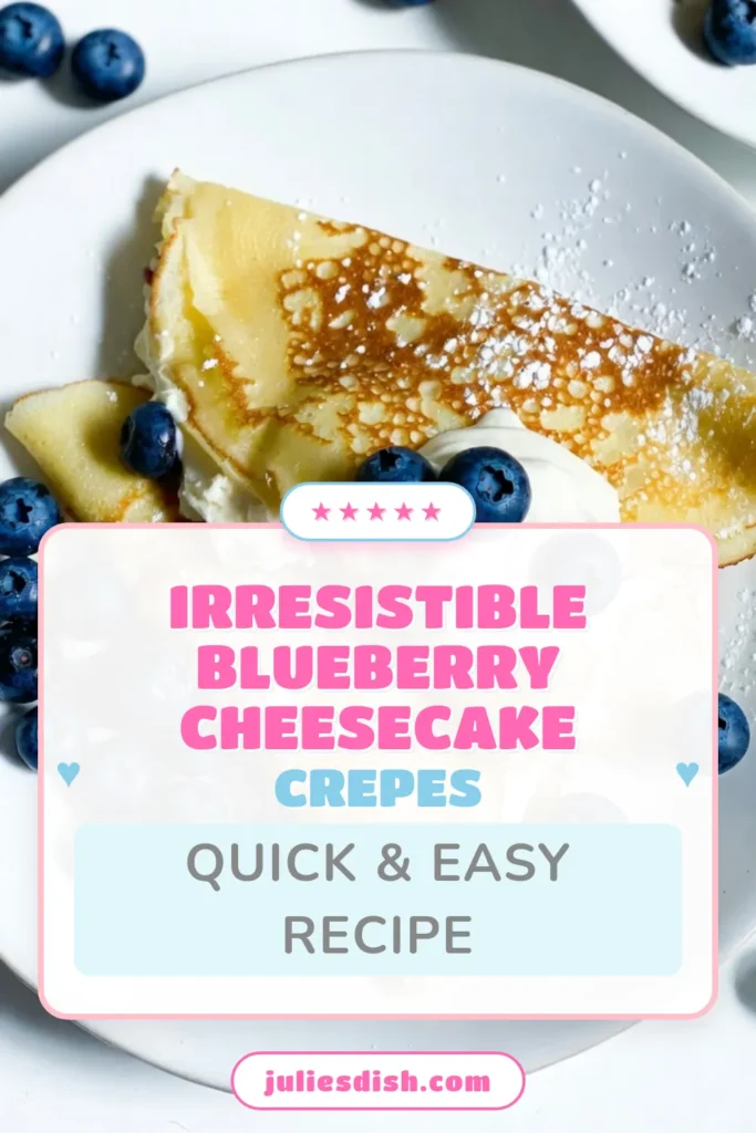 Indulge in these delightful blueberry cheesecake crepes, a perfect blend of creamy and fruity flavors. This easy crepes recipe with blueberries features a silky cream cheese filling that's sure to satisfy your sweet cravings. Whether you're looking for a homemade blueberry dessert or a quick breakfast option, these blueberry cheesecake crepes are a must-try! Don’t miss out—save this recipe for your next brunch! #BlueberryRecipes #CrepesRecipe #EasyDesserts #HomemadeDessert