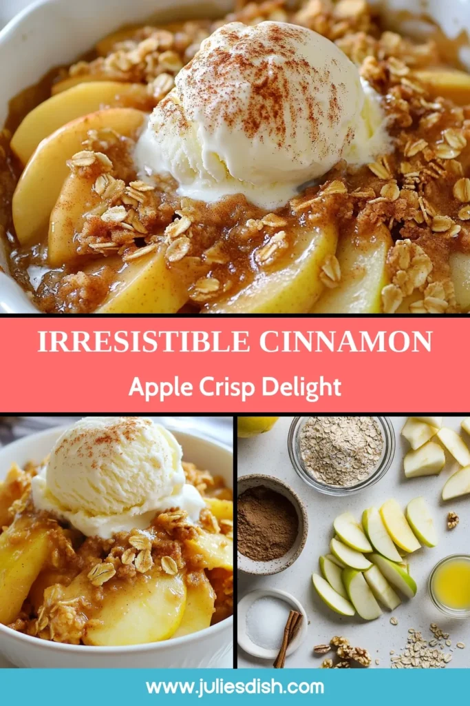 Indulge in the delightful flavors of this Cinnamon Apple Crisp recipe! This easy apple crisp dessert combines tart apples with a crunchy oat topping for the perfect homemade apple dessert. Serve it warm with ice cream for an irresistible treat! Gather your ingredients and create this heartwarming apple crisp with oats today. Don’t forget to save this recipe for your next family gathering! #CinnamonAppleCrisp #AppleCrispRecipe #DessertIdeas #HomemadeGoodness