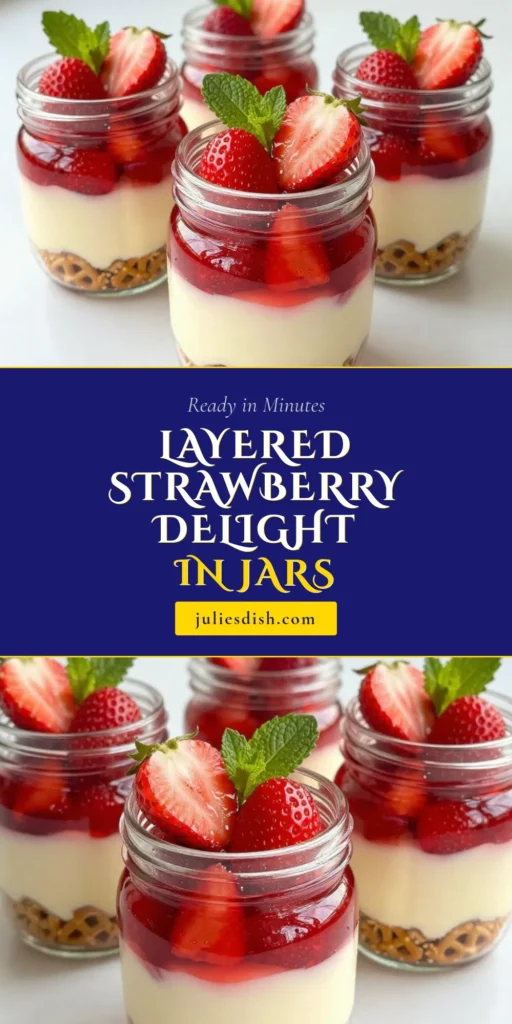 Discover the delightful layers of our Strawberry Pretzel Salad Jars, the ultimate no-bake strawberry dessert that everyone loves! This Cream Cheese Pretzel Salad features a crunchy pretzel crust, creamy filling, and a vibrant strawberry Jell-O recipe. Perfect for summer gatherings or an easy treat, these layered dessert jars are both beautiful and delicious. Try this recipe and impress your friends! Save for later! #StrawberryPretzelSalad #NoBakeDessert #LayeredDessertJars #StrawberryJelloRecipe
