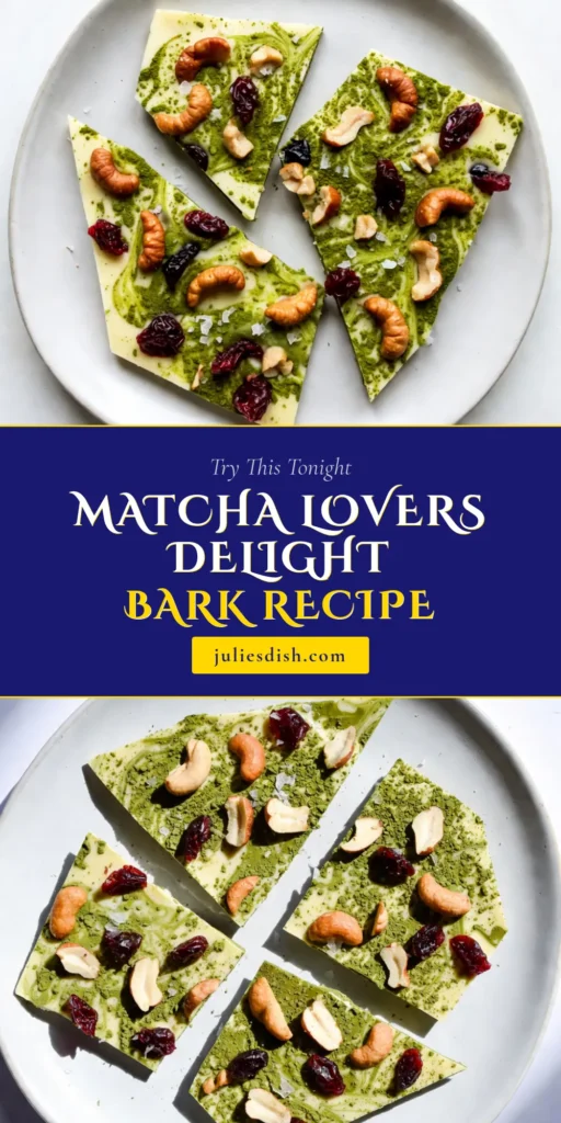 Indulge in this delicious white chocolate matcha bark, a delightful twist on healthy dessert recipes! Made with creamy white chocolate and vibrant matcha powder, this easy recipe incorporates nuts and dried cranberries for a satisfying crunch. Perfect as a unique treat or a sweet gift, discover why matcha dessert ideas are a must-try! Save this recipe for your next homemade matcha treats! #HealthyDesserts #MatchaRecipes #ChocolateBark #HomemadeTreats