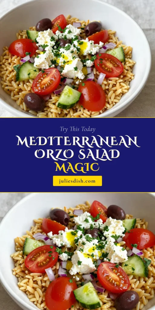 Elevate your summer dining with this Mediterranean orzo salad, a delicious blend of flavors and textures! This easy orzo recipe combines orzo pasta, cherry tomatoes, cucumber, olives, and creamy feta cheese for a refreshing dish perfect for warm days. Enjoy this healthy Mediterranean recipe as a side or main course at your next gathering. Don’t forget to save this feta cheese salad recipe for your summer meals! #MediterraneanOrzoSalad #HealthyRecipes #SummerSalad #OrzoPasta