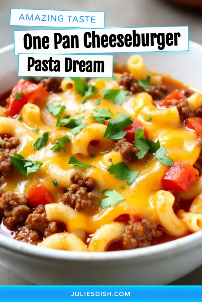 Discover how to make a delicious cheeseburger pasta skillet that's perfect for busy nights! This easy pasta recipe combines ground beef, creamy pasta with cheese, and flavorful spices in one pan for a quick and satisfying meal. In just 25 minutes, you can whip up this amazing one-pan dinner recipe your family will love. Dive into this quick beef pasta dish and enjoy every bite! Don’t forget to save this recipe! #cheeseburgerpasta #onepandinner #easyrecipes #quickmeals