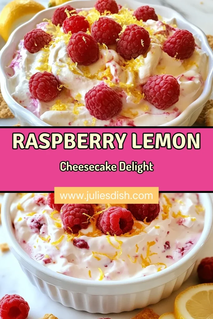Indulge in this delightful Raspberry Lemon Cheesecake Dip, an easy cheesecake dip recipe that's perfect for any gathering. This no-bake fruit dip combines creamy, dreamy flavors with fresh raspberries, making it an irresistible treat. Whether you serve it with graham crackers or fruit, this cream cheese raspberry dip will surely impress. Try this lemon dessert dip today and elevate your dessert game! Save this recipe for later! #RaspberryLemonCheesecakeDip #NoBakeDip #EasyDessert #FruitDip