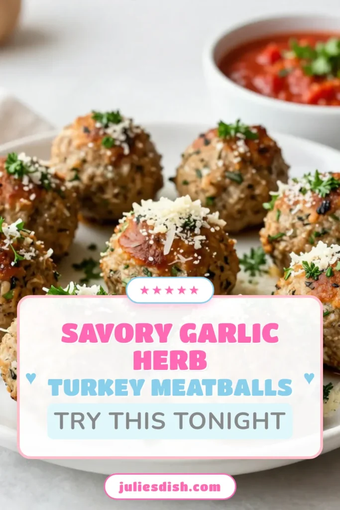 Discover the deliciousness of garlic herb turkey meatballs! This healthy turkey meatballs recipe combines tender ground turkey with fresh herbs and spices, making it the perfect low-calorie meatball recipe. Serve your homemade turkey meatballs with marinara sauce for a delightful meal that everyone will love. Perfect for meal prep or cozy dinners. Try it today and savor the flavor! #TurkeyMeatballs #HealthyRecipes #LowCalorieMeals #MealPrepIdeas