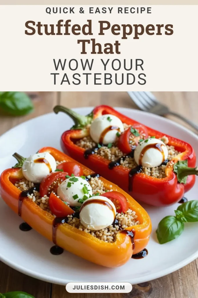 Discover the deliciousness of Caprese quinoa stuffed peppers with this easy, healthy stuffed peppers recipe! Perfect for a nutritious meal, these vegetarian quinoa recipes feature a flavorful combination of quinoa, mozzarella, and fresh veggies. Bake these vibrant baked stuffed bell peppers for a colorful dish that everyone will love. Try this quinoa and mozzarella stuffed peppers recipe today! Save for later! #CapreseQuinoa #VegetarianRecipes #HealthyEating #StuffedPeppers