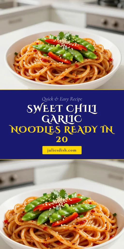 Looking for a delicious and quick noodle dish? Try these sweet chili garlic noodles! This easy Asian stir-fry is made with rice noodles, sweet chili sauce, and fresh veggies for a vibrant vegetarian meal. Perfect for busy weeknights, this rice noodle recipe is ready in just 20 minutes. Don't miss out on this flavorful meal! Save this recipe for later and impress your friends! #SweetChiliGarlicNoodles #RiceNoodleRecipe #EasyAsianStirFry #VegetarianNoodles