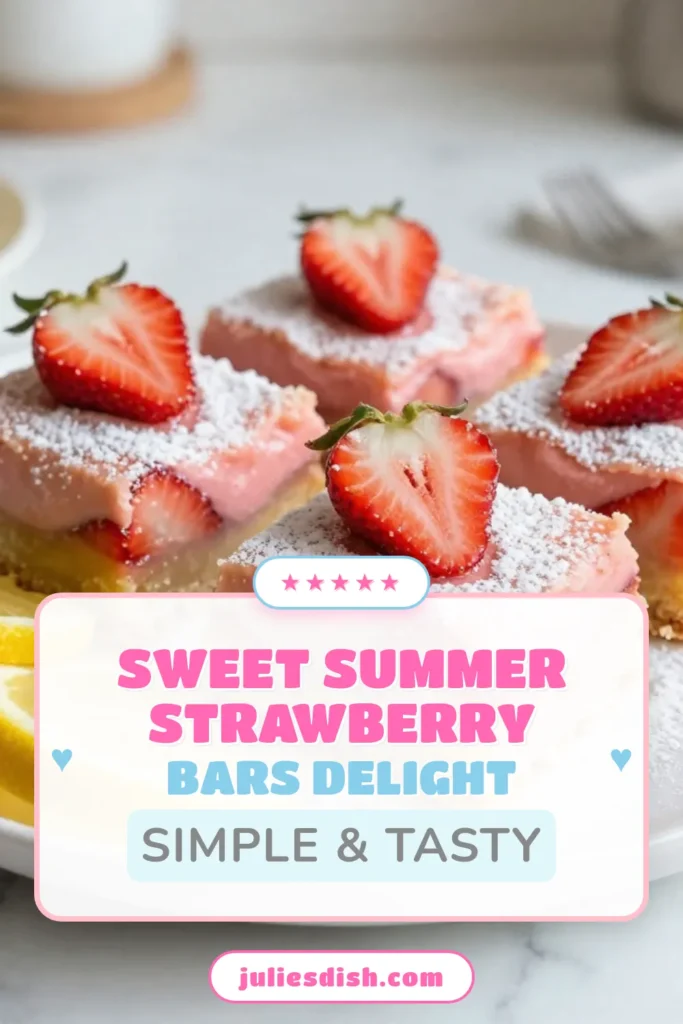 Dive into summer with these delightful Strawberry Lemonade Bars! This easy strawberry dessert recipe features a buttery crust topped with a zesty strawberry and lemon filling. Perfect for warm days, these Lemon Bars with Strawberries are sure to impress your guests. Enjoy a refreshing twist on a classic treat that everyone will love. Try this recipe today and share your creations! #StrawberryLemonadeBars #SummerDessertRecipe #EasyStrawberryLemonBars #StrawberryDessertRecipe