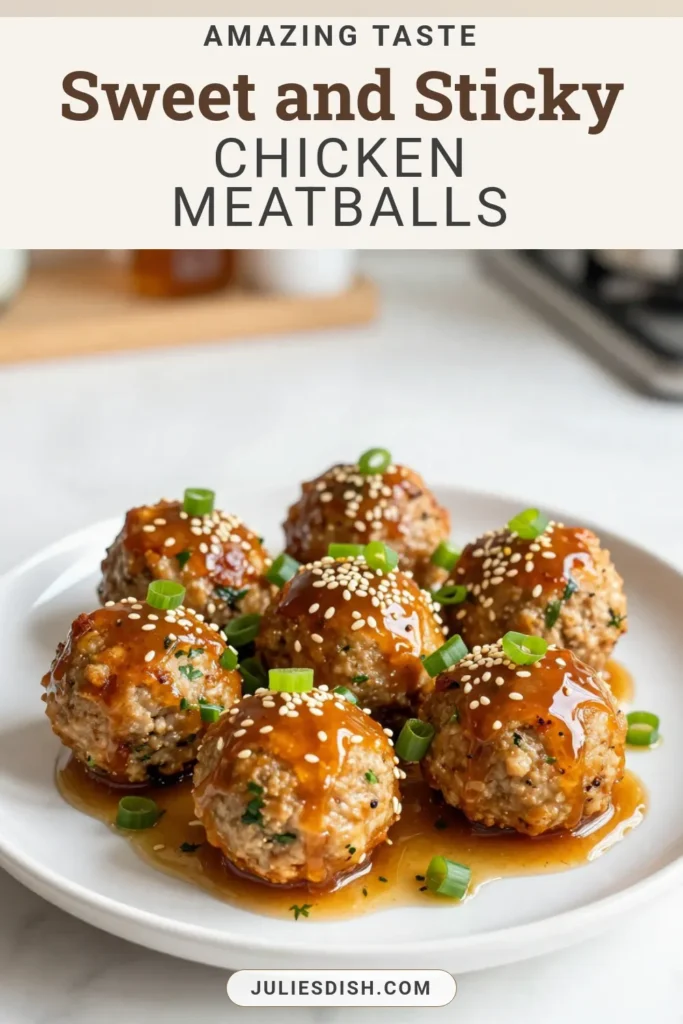 Discover the deliciousness of Honey Garlic Chicken Meatballs with this easy chicken meatball recipe! Perfectly baked and coated in a flavorful easy honey garlic sauce, these ground chicken recipes are a hit for any meal. Enjoy tender meatballs that are simple to prepare and full of flavor. Perfect for dinner or a tasty appetizer, don’t miss out on this crowd-pleaser! Save this recipe now! #HoneyGarlicChickenMeatballs #ChickenMeatballRecipe #BakedChickenMeatballs #GroundChickenRecipes