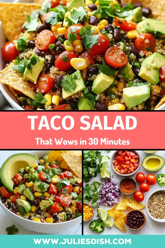 Discover the vibrant flavors of this zesty quinoa taco salad that’s perfect for any meal! This healthy quinoa salad combines black beans, corn, avocado, and fresh veggies in a refreshing dressing, making it a go-to vegetarian taco salad. Enjoy it as a main dish or a side, and elevate your meals with this delicious zesty taco salad recipe. Don’t forget to save for your next cookout! #QuinoaTacoSalad #HealthyQuinoa #AvocadoTacoSalad #VegetarianTacoSalad