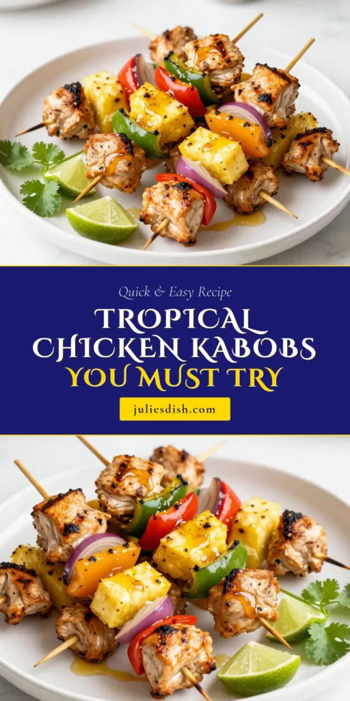 Get ready for a taste of the tropics with these delicious Hawaiian chicken kabobs! Perfect for your summer grilling recipes, these easy kabob recipes feature succulent grilled chicken and pineapple, colorful bell peppers, and red onion. Enjoy the mouthwatering flavors of tropical chicken skewers that are sure to impress at your next BBQ. Don't miss out—pin this recipe now and elevate your grilling game! #HawaiianChickenKabobs #SummerGrilling #GrilledChickenAndPineapple #EasyKabobRecipe