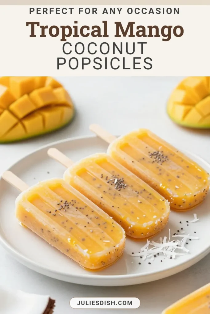 Beat the heat with these refreshing Mango Coconut Popsicles! Made with ripe mangoes, creamy coconut milk, and nutrient-rich chia seeds, these Chia Seed Popsicles are the perfect Healthy Frozen Treats for summer. This easy Tropical Popsicle Recipe is dairy-free and a delicious way to cool down. Try making your own Mango Coconut Popsicles today and enjoy a guilt-free indulgence! Save this recipe for later! #MangoCoconutPopsicles #ChiaSeedPopsicles #HealthyFrozenTreats #DairyFreePopsicles
