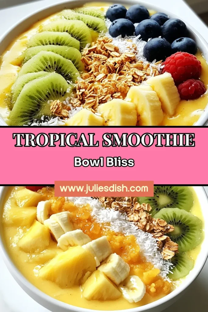 Dive into a refreshing pineapple coconut smoothie bowl that transports you to a tropical paradise! This healthy smoothie bowl recipe blends frozen pineapple, banana, and creamy coconut milk for a deliciously thick texture. Top it off with granola and fresh fruit for the perfect breakfast treat. Try this pineapple banana smoothie today and enjoy a delicious, nutritious start to your day. Save for later! #PineappleCoconutSmoothieBowl #TropicalSmoothieBowl #HealthySmoothieBowl #CoconutMilkSmoothieBowl