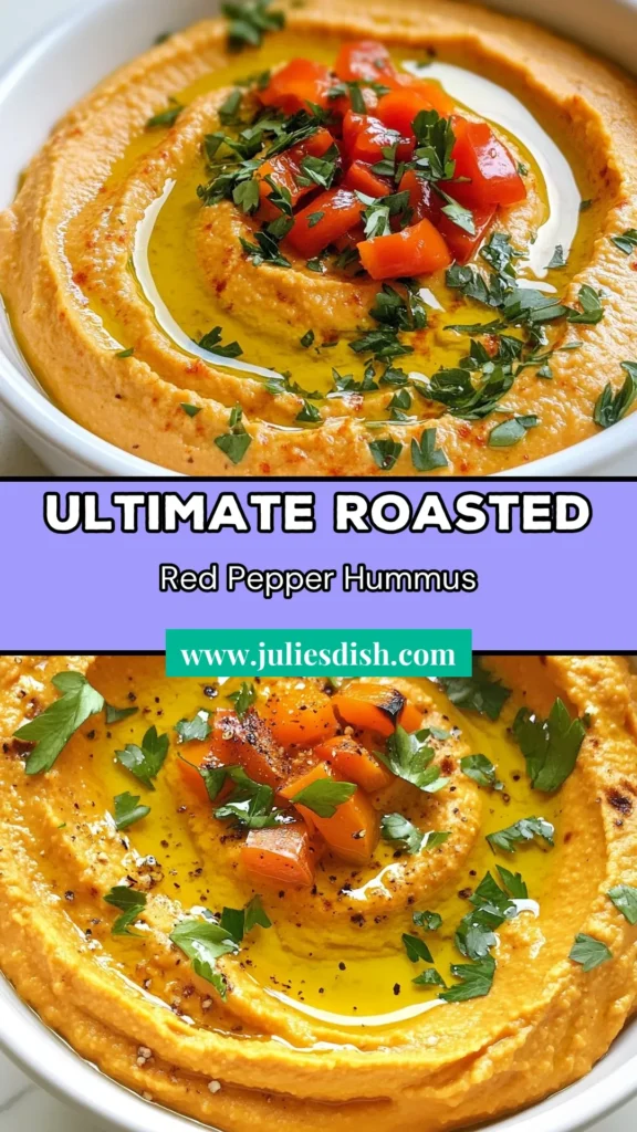 Discover the ultimate Roasted Red Pepper Hummus that's vegan and bursting with flavor! This easy Chickpea Hummus Recipe uses tahini for a creamy texture, making it the perfect Mediterranean Hummus for any occasion. Whip up this Vegan Roasted Red Pepper Dip in just 10 minutes and elevate your snacking. Try it now and impress your guests! Save this recipe for later! #HummusRecipe #VeganRecipes #Mediterranean #HealthySnacks
