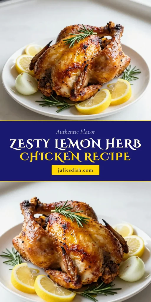 Discover the ultimate Lemon Rosemary Chicken recipe that brings flavor right to your dinner table! This easy lemon chicken dish features a whole chicken roast marinated in garlic, olive oil, and fresh herbs. Perfect for family gatherings, this herb roasted chicken is both delicious and simple to make. Serve it warm and impress your guests! Try this mouthwatering roasted chicken recipe today! #LemonRosemaryChicken #WholeChickenRoast #EasyLemonChicken #HerbRoastedChicken
