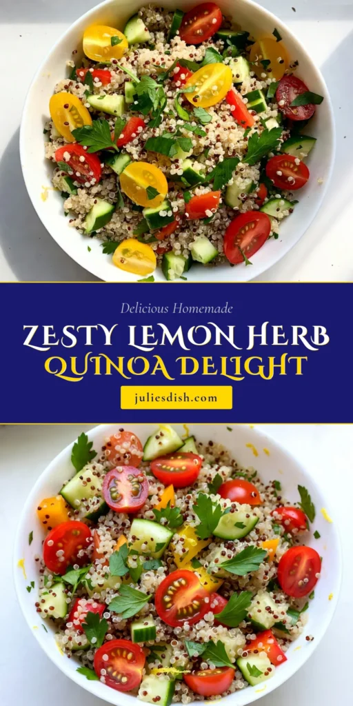 Looking for a healthy quinoa recipe? Try this Lemon Herb Quinoa Salad! Packed with fresh vegetables, this refreshing lemon salad is perfect for summer. Enjoy a delicious quinoa salad with vegetables like cherry tomatoes and cucumbers, flavored with zesty lemon juice. It's a light and nutritious dish that's sure to impress. Save this recipe for a vibrant addition to your summer meals! #LemonQuinoaSalad #HealthyQuinoaRecipes #SummerQuinoaSalad #RefreshingSalad