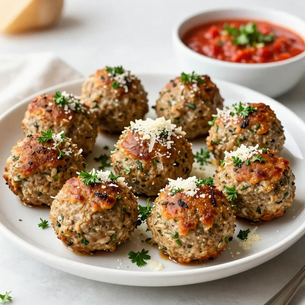 - 1 pound ground turkey - 1/2 cup breadcrumbs (preferably whole wheat) - 2 cloves garlic, minced - 1/4 cup fresh parsley, chopped - 1 teaspoon dried oregano - 1 teaspoon dried thyme - 1/2 teaspoon red pepper flakes (adjust for spice preference) - 1/4 cup grated Parmesan cheese - 1 egg, beaten - Salt and pepper to taste - 2 tablespoons olive oil (for frying) - 1 cup marinara sauce (for serving) To make garlic herb turkey meatballs, gather all your ingredients first. Fresh garlic gives great flavor. I like to use whole wheat breadcrumbs for extra nutrition. Ground turkey is lean and healthy. Using fresh herbs like parsley brightens the dish. Dried oregano and thyme add depth. Red pepper flakes offer just the right kick, but you can adjust them to your taste. Grated Parmesan cheese brings in a savory note. Don't forget the egg! It helps bind everything together. A sprinkle of salt and pepper rounds out the flavor. Finally, olive oil is needed for frying. You can serve these meatballs with marinara sauce, which adds even more flavor. Preparing all these ingredients makes cooking easier and more fun! {{ingredient_image_1}} First, grab a large mixing bowl. In this bowl, you will combine all the meatball ingredients. Add in one pound of ground turkey. Then, pour in half a cup of whole wheat breadcrumbs. Next, add two minced cloves of garlic. Toss in a quarter cup of chopped fresh parsley, one teaspoon of dried oregano, and one teaspoon of dried thyme. Don't forget the half teaspoon of red pepper flakes for a little kick! Now, add a quarter cup of grated Parmesan cheese and one beaten egg. Season with salt and pepper to your taste. It’s time to mix! Use your hands to combine everything well. Make sure all the ingredients are evenly mixed. This step is key to tasty meatballs. Next, you’ll want to preheat your skillet. Place it over medium heat and add two tablespoons of olive oil. Wait until the oil is hot, but not smoking. While the oil heats, roll your turkey mixture into meatballs. Aim for about 1 to 1.5 inches in diameter. Once the skillet is ready, gently place the meatballs in the pan. Avoid crowding them. It’s best to cook them in batches if needed. Cook each meatball for about 5 to 7 minutes on each side. They should turn a nice golden brown and reach an internal temperature of 165°F (74°C). After cooking, remove the meatballs from the skillet. If you see excess oil, place them on paper towels to drain. For serving, arrange the meatballs on a platter. You can garnish them with extra parsley and a sprinkle of Parmesan for a nice touch. Serve them warm with a cup of marinara sauce. You can drizzle the sauce on top or serve it on the side for dipping. Enjoy your delicious garlic herb turkey meatballs! To keep your meatballs juicy, use fresh ground turkey. Mix in breadcrumbs and herbs well. The egg helps bind everything, so don’t skip it. If you want to avoid dryness, don’t overcook. Cook the meatballs until they reach 165°F (74°C). Check with a meat thermometer for great results. They should be brown on the outside and firm yet springy to touch. For a lovely dish, arrange the meatballs on a platter. Sprinkle with extra parsley for color. A light dusting of Parmesan cheese adds a nice touch. Serve with a side of marinara sauce for dipping. Freshly toasted bread or zucchini noodles pairs well. This adds a tasty twist to your meal. Pro Tips Use Fresh Herbs: Fresh herbs like parsley and thyme enhance the flavor profile significantly compared to dried herbs. Always opt for fresh when possible for the best taste. Don't Overmix: When combining the ingredients, be careful not to overmix. This keeps the meatballs tender and prevents them from becoming tough. Test for Spice: Before rolling all the meatballs, cook a small piece of the mixture to test for seasoning and spice levels. Adjust accordingly to suit your taste. Keep Them Warm: If you're making a large batch or serving later, keep the cooked meatballs warm in a low oven (around 200°F) until ready to serve to maintain their texture. {{image_2}} You can switch up the ground turkey for chicken or beef. Both options work well in this recipe. Chicken gives a lighter taste, while beef adds a rich flavor. Just keep the same amount, and follow the same steps. If you want to try plant-based options, use lentils or chickpeas. They can give you a nice texture. You can mash them up and mix them like the turkey. Add a bit of extra binder, like a flax egg, to hold them together. To change the flavor, think about the herbs and spices you like. You can add fresh basil or rosemary for a twist. This will make the meatballs taste different and fresh. Use dried herbs if fresh ones are not available. If you enjoy heat, try adding more red pepper flakes. You can also use cayenne pepper for a bolder kick. Adjust the amount to fit your taste. Just remember, a little goes a long way! To keep your garlic herb turkey meatballs fresh, store them in an airtight container. Place the container in the fridge. They will stay good for about three to four days. If you want to keep them longer, freeze them. First, let the meatballs cool completely. Then, arrange them in a single layer on a baking sheet. Freeze them for about an hour, then transfer to a freezer bag. This method helps prevent sticking. When you want to eat them, take out what you need. To reheat the meatballs properly, you can use a few methods. The oven works well. Preheat it to 350°F (175°C). Place the meatballs on a baking dish and cover with foil. Heat for about 15 to 20 minutes. You can also use a microwave. Place the meatballs on a microwave-safe plate. Heat for one minute at a time, checking until they are warm. The shelf life of your garlic herb turkey meatballs depends on how you store them. In the fridge, they last three to four days. In the freezer, they can stay good for up to three months. Always check for signs of spoilage before eating. Look for changes in color or texture. If the meatballs smell off or feel slimy, it’s best to discard them. Trust your senses; they help keep you safe when it comes to food. To keep your meatballs from falling apart, use a good binding agent. In this recipe, the breadcrumbs and egg work well together. Make sure to mix the turkey and other ingredients thoroughly. Don't overwork the mix; just combine it until it's uniform. Roll the meatballs gently to maintain their shape. If they seem too wet, add a bit more breadcrumbs. Yes, you can make these meatballs ahead of time. Prepare them and place them on a baking sheet. Freeze the meatballs for about an hour, then transfer them to a bag or container. They can stay in the freezer for up to three months. When you're ready to cook, no need to thaw. Just fry them straight from the freezer, adding a few extra minutes to the cooking time. These meatballs are versatile and pair well with many dishes. Serve them with marinara sauce over spaghetti for a classic meal. You can also enjoy them in a sub sandwich topped with cheese. For a lighter option, try them with zucchini noodles or a fresh salad. They also work great as an appetizer with toothpicks and dipping sauces on the side. Making meatballs at home is fun and easy. You learned about key ingredients, preparation steps, and cooking methods. I shared tips for perfecting your meatballs and creative variations. Proper storage and reheating methods keep your leftovers tasty longer. Try out different flavors and serving ideas. With this guide, you'll impress family and friends with delicious meatballs. Enjoy your cooking adventure!