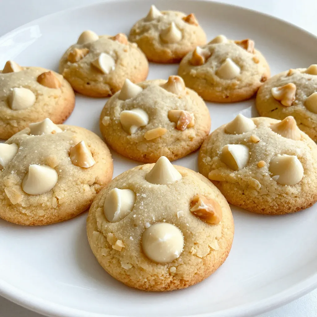To make these tasty cookies, gather these simple items: - 2 cups all-purpose flour - 1 teaspoon baking soda - 1/2 teaspoon salt - 3/4 cup unsalted butter, softened - 3/4 cup brown sugar, packed - 1/2 cup granulated sugar - 1 teaspoon vanilla extract - 1 large egg - 1 cup white chocolate chips - 1 cup macadamia nuts, roughly chopped These ingredients create a sweet and crunchy treat. The butter adds richness, while the sugars give a lovely sweetness. The white chocolate and nuts provide a delightful crunch and flavor. You can add a twist to your cookies with these optional ingredients: - Dried cranberries for a tart touch - Coconut flakes for a tropical vibe - Different types of chocolate chips, like dark or milk These additions can enhance the flavor and make your cookies unique. If you need to swap some items, try these: - Use coconut oil instead of butter for a dairy-free option. - Replace all-purpose flour with almond flour for a gluten-free treat. - If you lack macadamia nuts, try walnuts or pecans instead. These substitutions can help you customize the recipe to fit your needs or what you have at home. Always remember, cooking is about creativity! {{ingredient_image_1}} Start by preheating your oven to 350°F (175°C). This step is key for even baking. While it heats, grab a baking sheet and line it with parchment paper. This paper will help keep the cookies from sticking. Make sure to spread it out flat for best results. In a medium bowl, whisk together 2 cups of all-purpose flour, 1 teaspoon of baking soda, and 1/2 teaspoon of salt. This mix gives your cookies structure. Set it aside for now. Then, in a large bowl, beat 3/4 cup of softened unsalted butter with 3/4 cup of packed brown sugar and 1/2 cup of granulated sugar. Mix until it turns creamy, about 2-3 minutes. Next, add 1 teaspoon of vanilla extract and 1 large egg. Blend until it is all well combined. Now, gradually add the flour mix to the wet ingredients. Stir until just mixed. Finally, fold in 1 cup of white chocolate chips and 1 cup of roughly chopped macadamia nuts. You want these tasty bits spread throughout the dough. Using a cookie scoop or tablespoon, drop rounded balls of dough onto the prepared baking sheet. Make sure to space them about 2 inches apart. This space allows them to spread. Bake in the preheated oven for 10-12 minutes. Look for golden brown edges and soft centers. Once done, take them out and let the cookies cool on the baking sheet for 5 minutes. This helps them set before moving them. After that, transfer the cookies to a wire rack. Let them cool completely, and then enjoy your homemade treat! To get the best texture in your cookies, focus on the butter. Use softened butter, not melted. It should feel like a cold stick but easy to press. Cream the butter with both sugars for about 2-3 minutes. This step adds air, making the cookies light. Don’t overmix once you add the flour. Mix just until combined. This keeps cookies soft in the middle. If you have extra cookie dough, you can store it easily. Wrap the dough tightly in plastic wrap. Then, place it in an airtight container. It will last in the fridge for up to one week. For longer storage, freeze the dough. Shape it into balls, then freeze them on a tray. Once firm, put them in a bag. They will last for up to three months. When it’s time to serve, make it special! Place your cookies on a pretty plate. You can add a bowl of melted white chocolate next to them. Guests can dip their cookies for extra sweetness. For a nice touch, garnish with whole macadamia nuts. This makes the cookies look fancy and inviting. Enjoy them warm with a glass of milk or tea! Pro Tips Use Room Temperature Butter: Make sure your butter is softened to room temperature for easier mixing and a smoother cookie dough. Chill the Dough: For thicker cookies, chill the dough for about 30 minutes before baking. This helps prevent spreading. Store in an Airtight Container: Keep the cookies in an airtight container at room temperature to maintain freshness for several days. Experiment with Mix-Ins: Feel free to add dried fruits or other nuts to customize your cookies and enhance their flavor. {{image_2}} You can make gluten-free white chocolate macadamia nut cookies with just a few tweaks. Use a gluten-free flour blend instead of all-purpose flour. Look for one that has xanthan gum, as it helps with texture. This swap keeps the cookies soft and chewy. The rest of the ingredients remain the same, so you’ll still enjoy that rich flavor. To create vegan white chocolate macadamia nut cookies, replace the egg and butter. Use a flax egg made with one tablespoon of ground flaxseed and three tablespoons of water. Allow it to sit for five minutes to thicken. Replace the unsalted butter with coconut oil or a vegan butter substitute. Choose dairy-free white chocolate chips to keep it vegan. These simple changes let everyone enjoy the treat. You can add other ingredients to enhance the cookies. Try adding dried fruit, like cranberries or cherries, for a tart twist. Chopped dark chocolate can add depth to the flavor. If you want a crunchy texture, mix in some toasted coconut flakes or even crushed pretzels. These fun additions make the cookies unique and exciting. Enjoy experimenting to find your perfect combination! To keep your white chocolate macadamia nut cookies fresh, store them in an airtight container. This helps prevent them from becoming hard or stale. You can layer the cookies with parchment paper to avoid sticking. If you add a slice of bread to the container, it keeps the cookies soft. You can freeze both the dough and baked cookies. For the dough, scoop it into balls and place them on a baking sheet. Freeze until solid, then transfer to a freezer bag. This way, you can bake fresh cookies anytime! Baked cookies can also be frozen. Wrap them tightly in plastic wrap or foil, then place in a freezer bag. Stored in an airtight container at room temperature, these cookies last about one week. If you freeze them, they can last up to three months. Just remember to let frozen cookies thaw at room temperature before enjoying them. This helps bring back their fresh flavor and texture. The best way to soften butter is to cut it into small pieces. Place the pieces in a bowl. Let them sit at room temperature for about 10 minutes. If you're in a hurry, you can microwave it. Use a low power setting and heat in short bursts, checking often. Soft butter should be slightly firm but easy to press. Yes, you can use different nuts in this recipe. If you do not have macadamia nuts, try using walnuts or pecans. These nuts also add great flavor and texture. Just chop them up roughly, like you would with macadamias. The cookies will still taste amazing with these substitutions. You will know the cookies are done when the edges are golden brown. The centers should still look soft and slightly underbaked. They will firm up as they cool. You can also do a light touch test. If the cookie springs back, they are ready to come out of the oven. In this post, we covered key ingredients, step-by-step baking, and useful tips. You learned about variations, storage methods, and answered common questions. Remember, the right ingredients and techniques lead to amazing cookies. Baking is fun, so try new flavors and share with friends. Follow these steps, and enjoy your tasty treats!
