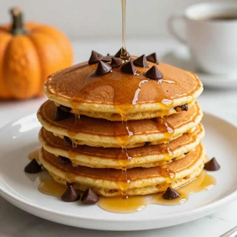 To make pumpkin chocolate chip pancakes, you need: - 1 cup all-purpose flour - 1 teaspoon baking powder - 1/2 teaspoon baking soda - 1/2 teaspoon salt - 1 teaspoon ground cinnamon - 1/2 teaspoon ground nutmeg - 1 cup pumpkin puree (unsweetened) - 1/2 cup milk (or dairy alternative) - 2 large eggs - 1/4 cup brown sugar, packed - 1 teaspoon vanilla extract - 1/2 cup chocolate chips - Butter or oil for cooking If you don’t have some ingredients, here are options: - Use whole wheat flour instead of all-purpose flour. - Swap baking powder with baking soda if needed. - You can replace milk with almond or soy milk. - Maple syrup can replace brown sugar if you want. - Use dairy-free chocolate chips for a vegan twist. You can make this pancake recipe healthier by: - Using oat flour for a gluten-free option. - Reducing the sugar by half if you prefer less sweet. - Adding mashed bananas or applesauce for moisture. - Using egg whites instead of whole eggs to cut fat. - Top with fresh fruit instead of syrup for a fresh taste. {{ingredient_image_1}} Start with a big bowl. Add 1 cup of all-purpose flour. Next, add 1 teaspoon of baking powder. Then, mix in 1/2 teaspoon of baking soda and 1/2 teaspoon of salt. Sprinkle in 1 teaspoon of ground cinnamon and 1/2 teaspoon of ground nutmeg. Whisk these ingredients until they blend well. This step gives your pancakes a great base. In another bowl, it’s time to mix wet stuff. Pour in 1 cup of unsweetened pumpkin puree. Add 1/2 cup of milk or a dairy alternative. Crack in 2 large eggs and add 1/4 cup of packed brown sugar. Don’t forget 1 teaspoon of vanilla extract! Whisk these until they are smooth. This mix adds moisture and flavor. Now, heat a non-stick skillet or griddle over medium heat. Add a small bit of butter or oil to coat the pan. Once it’s hot, pour 1/4 cup of batter for each pancake. Cook until you see small bubbles on top, about 2-3 minutes. The edges should look set. Flip the pancake carefully and cook for another 2-3 minutes. You want them golden brown. Keep going until all the batter is used. Serve warm, stacked high, and enjoy! To make your pancakes fluffy, avoid overmixing. Mix the wet and dry ingredients until they just blend. Some lumps are okay. Let the batter rest for a few minutes. This helps the baking powder work better. Make sure your skillet is hot before you pour in the batter. This step creates steam, which adds to the fluffiness. If you have leftover batter, you can store it in the fridge. Put it in a sealed container. Use the batter within 24 hours for the best results. When ready to cook, give it a quick stir. This helps to mix in any settled ingredients. Use a non-stick skillet or griddle for easy flipping. Heat it over medium heat. Add a small amount of butter or oil to prevent sticking. Pour in 1/4 cup of batter for each pancake. Watch for bubbles on the surface; this shows they are ready to flip. Cook until golden brown on both sides. Enjoy your delicious pancakes warm! Pro Tips Use Fresh Pumpkin Puree: For the best flavor, consider using freshly roasted pumpkin puree instead of canned. This will enhance the taste of your pancakes significantly. Keep the Batter Lumpy: When mixing the wet and dry ingredients, it's okay if there are a few lumps. Overmixing can lead to tough pancakes, so stir gently until just combined. Adjust Cooking Temperature: If the pancakes are browning too quickly, reduce the heat slightly. Cooking them on medium-low allows for a fluffy texture without burning the outside. Experiment with Toppings: Try adding different toppings such as chopped nuts, whipped cream, or even a drizzle of caramel sauce to elevate your pancake experience. {{image_2}} You can make your pancakes even better by adding nuts or fruits. Chopped pecans or walnuts give a nice crunch. They also add flavor and healthy fats. If you prefer fruit, mashed bananas or blueberries work great. Just fold them into the batter before cooking. This makes each bite more exciting and tasty. If you need a gluten-free option, use gluten-free flour. Many brands offer great mixes that work well in pancakes. Just replace the all-purpose flour with an equal amount of gluten-free flour. You may also need to add a bit more baking powder. This helps your pancakes stay fluffy and light. Enjoy your pancakes without worry! To make vegan pumpkin chocolate chip pancakes, swap out the eggs and milk. Use a flaxseed meal and water mixture instead of eggs. Mix one tablespoon of flaxseed meal with three tablespoons of water. Let it sit for five minutes to thicken. For milk, use almond, soy, or oat milk. This keeps the pancakes soft and delicious. Your vegan friends will love these! You can store leftover pumpkin chocolate chip pancakes in the fridge. First, let them cool. Then, stack them in an airtight container. They stay fresh for up to three days. If you want to keep them longer, freezing is a great option. To freeze these pancakes, make sure they are cool. Place parchment paper between each pancake. This prevents them from sticking together. Then, put them in a freezer-safe bag or container. They can last for up to two months in the freezer. When you’re ready to eat the pancakes, you can reheat them easily. The microwave is quick. Heat them for about 30 seconds on high. You can also warm them in a skillet over low heat. This gives them a nice, crispy edge. Enjoy them with a drizzle of maple syrup! Yes, you can use canned pumpkin puree. It saves time and is easy to find. Make sure to pick unsweetened pumpkin puree for the best taste. It gives your pancakes a nice flavor without extra sugar. To make these pancakes dairy-free, simply swap the milk for a dairy-free option. Almond milk or oat milk works great. You can also use coconut milk for a rich taste. This way, everyone can enjoy these tasty pancakes! Many toppings pair well with these pancakes. Here are a few suggestions: - Maple syrup - Whipped cream - Chopped pecans - Extra chocolate chips Feel free to mix and match these toppings to find your favorite combo! In this article, we covered how to make delicious pumpkin chocolate chip pancakes. We looked at the right ingredients, offered substitutes, and healthier options. I shared step-by-step instructions for mixing and cooking. We discussed tips for fluffy pancakes and storing leftovers. I also explored variations, like gluten-free and vegan options. These pancakes are easy to make and fun to enjoy. With these tips, you'll impress everyone at breakfast! Have fun experimenting and enjoy your tasty treats.
