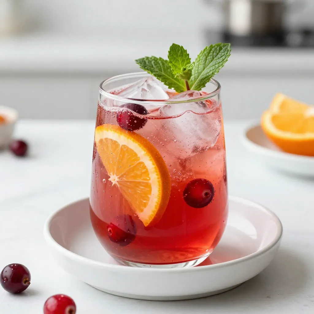 Sparkling Cranberry Punch is simple to make and uses fresh ingredients. Here’s what you need: - 4 cups cranberry juice - 2 cups sparkling water or lemon-lime soda - 1 cup orange juice - 1/2 cup fresh lime juice - 1/4 cup simple syrup - Fresh cranberries for garnish - 2 oranges, thinly sliced - Fresh mint leaves for garnish - Ice cubes These ingredients make a bright and festive drink. The cranberry juice gives a tart flavor, while the orange juice adds sweetness. Fresh lime juice brings a zesty punch. You can pick sparkling water for a light drink or lemon-lime soda for extra sweetness. Simple syrup lets you control the drink's sweetness. Fresh cranberries and oranges not only look great but also add flavor. Mint leaves give a refreshing touch. This punch is perfect for holiday gatherings or family parties. It’s easy to prep and fun to serve. {{ingredient_image_1}} 1. In a large punch bowl, combine 4 cups of cranberry juice, 1 cup of orange juice, and 1/2 cup of fresh lime juice. Stir well to mix all the flavors. 2. Slowly add 2 cups of sparkling water or lemon-lime soda. Pour carefully to keep the fizz. Stir gently to mix without losing the bubbles. 3. Taste the punch. If you want it sweeter, add up to 1/4 cup of simple syrup. Stir again to blend until you reach the sweetness you like. 1. Add 1 cup of fresh cranberries and 2 thinly sliced oranges to the punch. This adds color and flavor. 2. Chill the punch in the refrigerator for at least 30 minutes. This helps the flavors blend and cools the drink. 3. When you are ready to serve, fill glasses with ice cubes. Pour the sparkling cranberry punch over the ice. 4. For a nice touch, garnish each glass with a sprig of fresh mint and a few cranberries or a slice of orange. Enjoy your festive drink! To make the best sparkling cranberry punch, start with the sweetness. You can adjust the simple syrup to your taste. If you like it sweeter, add more syrup. If not, use less. This makes the drink perfect for you. For carbonation retention, pour the sparkling water slowly. Stir gently to keep the bubbles. If you mix too fast, the fizz will go away. A good punch should sparkle! When it comes to garnishes, fresh cranberries and orange slices add color and flavor. Fresh mint leaves also enhance the drink’s look and smell. You can also try lemon slices or pomegranate seeds for a twist. Using festive glassware makes your punch look special. Clear glasses let the colors shine through. You could use fun straws or rim the glasses with sugar for a sweet touch. For creative garnishes, think beyond fruits. Try skewer sticks with cranberries and orange slices. You could even float whole mint sprigs on top for a fresh look. For serving suggestions, use a large punch bowl for gatherings. It allows everyone to help themselves. If it's a party, consider adding fun ice cubes made from fruit juice. They add flair and flavor to your drink! Pro Tips Chill Your Ingredients: For an extra refreshing punch, chill all your juices and sparkling water ahead of time to keep the punch cold without needing too much ice. Customize Your Sweetness: Adjust the amount of simple syrup based on your taste preferences. Start with a small amount and add more if you prefer a sweeter punch. Garnish with Style: Use a mix of fresh fruits and herbs for garnish to make the punch visually appealing. Consider adding pomegranate seeds or lemon slices for extra color. Make it a Mocktail: To keep it alcohol-free, stick with sparkling water and juices. However, for an adult version, consider adding a splash of vodka or champagne. {{image_2}} You can change the flavor of your sparkling cranberry punch easily. Adding different fruit juices can give it a new twist. For example, try adding pineapple juice for a tropical touch. You might also enjoy mixing in some apple or grape juice. Each juice will bring its own flavor and excitement to the drink. If you want an adult version, consider adding alcohol. A splash of vodka or rum can enhance the flavor. Just be careful with the amount so it stays refreshing and light. You can also use flavored sparkling water for a fun twist. For those watching their sugar intake, there are low-sugar options. Instead of using simple syrup, you can skip it altogether. The natural sweetness from the cranberry and orange juices is often enough. You might also try using a sugar substitute, like stevia, for added sweetness without the calories. Using fresh fruit instead of simple syrup is another great trick. You can add more fresh cranberries or orange slices. This not only adds flavor but also looks beautiful in the punch bowl. Fresh mint leaves also make a lovely garnish and add a refreshing taste. To store leftover sparkling cranberry punch, use a clean glass container. Seal it tightly. You want to keep it cold, so place it in the fridge. Keep the punch away from strong-smelling foods. This helps keep its fresh taste. For best results, drink the punch within two days. The longer it sits, the less fizzy it gets. To keep it bubbly, avoid stirring it too much after adding the sparkling water. If you need to store it longer, consider keeping the sparkling water separate. Mix it in just before serving. You can use leftover ingredients in fun ways. Fresh cranberries can go into salads or baked goods. They add a tart kick. The oranges are great for breakfast. Slice them up for a fruit salad or add to yogurt. You can also blend leftover cranberry juice and orange juice into smoothies. This is a tasty way to use what you have. If you have extra lime juice, mix it with water and a bit of sugar for a refreshing drink. Get creative and enjoy! Can I make this punch ahead of time? Yes, you can make this punch ahead. Mix the juices and add the soda just before serving. This keeps the fizz nice and fresh. Chill it in the fridge for at least 30 minutes. What can I substitute for cranberry juice? You can use pomegranate juice or cherry juice instead. Both add a sweet and tart flavor, like cranberry juice. If you want something lighter, try a mix of apple juice and grape juice. How do I make a non-alcoholic version? This recipe is already non-alcoholic! Just stick to the juices and sparkling water. If you want a fun twist, add sparkling grape juice for extra sweetness. Can I use frozen cranberries? Yes, frozen cranberries work great! They add a nice chill to the punch and look pretty too. Just toss them in the punch bowl as a garnish. You now have a delicious recipe for sparkling cranberry punch. We covered the ingredients, steps, and tips to create the perfect drink. Remember to adjust sweetness to your liking and try different fruits. This punch is great for parties or quiet nights. It’s easy to make and fun to share. Store any leftovers well to keep them fizzy. Enjoy your drink and impress your friends with this festive twist!