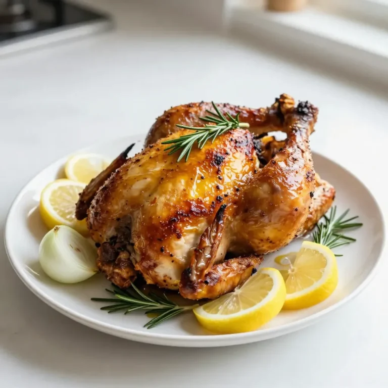 To make a tasty Lemon Rosemary Roasted Chicken, gather these simple ingredients: - Whole chicken (about 4-5 pounds) - Fresh lemons (2: one for juice, one cut into wedges) - Olive oil (4 tablespoons) - Garlic (4 cloves, minced) - Fresh rosemary (2 tablespoons, chopped) - Fresh thyme (1 tablespoon, leaves) - Onion (1, quartered) - Salt and black pepper (to taste) These ingredients blend together to create a flavorful dish. The lemon adds brightness, while rosemary provides a fragrant touch. Olive oil keeps the chicken juicy and helps the skin crisp up. Garlic, onion, and thyme enhance the overall taste, making each bite delicious. When you pick your chicken, look for one that feels firm and fresh. Organic or free-range chickens often have better flavor. Fresh herbs are key for this recipe, so don’t skip those. They make a big difference in taste. Having all these ingredients ready will help you enjoy the cooking process. It’s easy and fun to create a meal that impresses. {{ingredient_image_1}} - Preheat the oven: Set your oven to 425°F (220°C). This high heat helps get a crispy skin. - Prepare the chicken: Rinse the whole chicken under cold water. Pat it dry with paper towels. Drying it helps the skin become crispy. - Make the marinade: In a small bowl, mix together 4 tablespoons of olive oil, 4 minced garlic cloves, 2 tablespoons of chopped fresh rosemary, the juice of one lemon, and a good pinch of salt and pepper. This mixture will add flavor and moisture to your chicken. - Rub the marinade on the chicken: Take the marinade and rub it all over the chicken. Don't forget to get it inside the cavity too! This ensures every bite is tasty. - Stuff the cavity: Place the quartered onion and lemon wedges inside the cavity. This will add even more flavor as it cooks. - Place the chicken in the roasting pan: Set the chicken, breast side up, in a roasting pan. If you want, tie the legs together with kitchen twine. This helps it cook evenly. - Roast the chicken: Put the pan in the oven and roast for about 1 hour and 15 minutes. The chicken is done when its internal temperature reaches 165°F (75°C) and the skin looks golden brown. - Basting tips: Every 20-30 minutes, use a spoon to baste the chicken with its own juices. This adds flavor and keeps it moist. - Checking for doneness: To check if it's done, use a meat thermometer. Insert it into the thickest part of the thigh. If it reads 165°F (75°C), it's ready! Timing for marinating Marinate your chicken for at least 30 minutes. For best flavor, let it sit for 2 to 4 hours in the fridge. This allows the herbs and lemon to soak in. Flavor enhancement tips Add zest from the lemon to your marinade. It brings a bright flavor. You can also add crushed red pepper for a slight kick. How to carve the chicken Start by letting the chicken rest for 10-15 minutes after roasting. Use a sharp knife. Cut off the legs first, then the wings. Slice the breast meat against the grain for tender pieces. Serving suggestions Serve the chicken with roasted veggies or a fresh salad. Drizzle some of the pan juices over the meat for added flavor. Oven temperature adjustments Roast at 425°F for crispy skin. If the skin browns too fast, cover it lightly with foil. Basting techniques Baste your chicken every 20-30 minutes. This keeps the skin moist and adds flavor. Use a spoon to pour the juices over the chicken. Pro Tips Resting is Key: Allowing the chicken to rest for 10-15 minutes after roasting helps the juices redistribute, ensuring a moist and flavorful result. Use a Meat Thermometer: For perfect doneness, insert a meat thermometer into the thickest part of the thigh; it should read 165°F (75°C). Customize Herbs: Feel free to experiment with different herbs like sage or oregano to give the chicken a unique flavor profile. Leftover Magic: Use leftover chicken in salads, sandwiches, or soups for easy and delicious meals throughout the week. {{image_2}} You can switch up the herbs for fun. Try using fresh thyme or sage instead of rosemary. Both herbs add their own unique flavor. If you're feeling adventurous, mix herbs for a complex taste. Instead of lemons, consider using oranges or limes. Each fruit brings a fresh twist to the dish. The sweetness of oranges pairs nicely with the chicken. Limes add a zesty kick that brightens the whole meal. Roasting is a classic way to cook this chicken. It gives you crispy skin and tender meat. However, grilling can also be a great option. Grilling adds a smoky flavor and is perfect for warm days. If you prefer a hands-off approach, use a slow cooker. Simply place the marinated chicken inside and let it cook. This method keeps the chicken juicy and full of flavor. Lemon Rosemary Roasted Chicken pairs well with many sides. Roasted vegetables, like carrots and potatoes, complement the dish nicely. A fresh salad can also add a crisp contrast. For garnishing, use fresh rosemary sprigs. They add a lovely touch and enhance the aroma. You can also sprinkle some lemon zest on top for extra brightness. To keep your Lemon Rosemary Roasted Chicken fresh, wrap it tightly. Use plastic wrap or aluminum foil. A good option is an airtight container. This helps keep out air and moisture. Store it in the fridge for up to four days. If you want to keep it longer, freezing is a great choice. To reheat the chicken, preheat your oven to 350°F (175°C). Place the chicken in an oven-safe dish. Cover it with foil to keep moisture in. Heat for about 20-25 minutes. This keeps the chicken juicy and warm. You can also use a microwave. Just be sure to cover it to avoid drying out your chicken. You can freeze Lemon Rosemary Roasted Chicken. Cut it into pieces for easy storage. Place the pieces in zip-top bags or airtight containers. Remove as much air as possible. This prevents freezer burn. For best taste, use it within three months. To thaw, place it in the fridge overnight. The best temperature for roasting chicken is 425°F (220°C). This high heat gives you crispy skin while keeping the meat juicy. It cooks evenly and helps the flavors blend well. Let the chicken rest for 10-15 minutes after roasting. This step helps the juices settle, making the meat more tender. If you cut right away, the juices escape, and the chicken can dry out. Yes, you can use dried herbs instead of fresh. Use about one-third of the amount if using dried. Dried herbs are strong, so a little goes a long way. However, fresh herbs often give better flavor. Lemon Rosemary Roasted Chicken pairs well with: - Mashed potatoes - Roasted vegetables - Rice pilaf - Green salad - Garlic bread These sides balance the flavors and create a complete meal. Basting is not strictly necessary, but it adds flavor. Basting helps keep the chicken moist and gives it a nice color. If you have time, baste every 20-30 minutes for the best results. This blog post covered a simple recipe for Lemon Rosemary Roasted Chicken. You learned about the key ingredients, preparation steps, and cooking times. We discussed tips for marinating, carving, and achieving crispy skin. Plus, you explored ingredient variations, cooking methods, and clever storage tips. Roasting chicken at home is easy and rewarding. With practice, you’ll impress your family and friends with every meal. Enjoy your cooking journey!