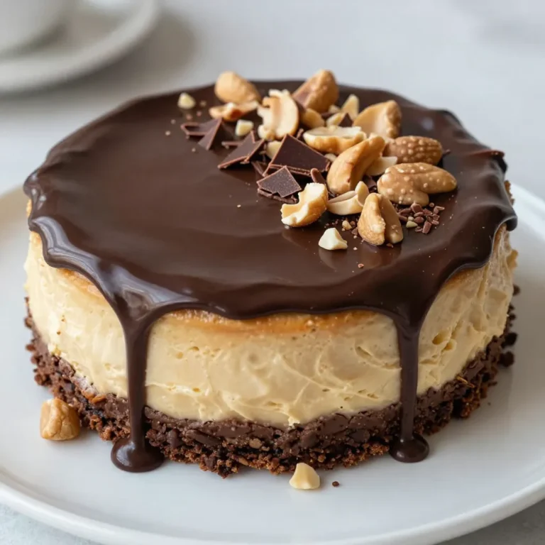 - 1 ½ cups chocolate cookie crumbs - ½ cup unsalted butter, melted - 16 oz cream cheese, softened - 1 cup creamy peanut butter - 1 cup powdered sugar - 1 teaspoon vanilla extract - 2 cups whipped topping (like Cool Whip) - ½ cup chocolate ganache (for topping) - Chopped peanuts and chocolate shavings (for garnish) You can use any brand of chocolate cookies for the crust. A mix of graham crackers and cocoa powder works too. If you're out of unsalted butter, you can use salted butter. Just skip any extra salt in the crust. For the cream cheese, use full-fat for the best taste. A low-fat version might not be as creamy. You can swap creamy peanut butter for crunchy if you like some texture. If you want a sugar-free option, look for powdered sugar made from erythritol or stevia. Make sure your cream cheese is soft. This helps it mix smoothly. Cold cream cheese will make lumps in your filling. When choosing whipped topping, go for a brand with no artificial flavors. This will keep your cheesecake tasting fresh. For the chocolate ganache, you can make it by melting chocolate with heavy cream. Use high-quality chocolate for a rich flavor. Lastly, garnish with fresh peanuts and chocolate shavings just before serving. This adds a nice touch to your dessert! {{ingredient_image_1}} First, I preheat the oven to 350°F (175°C). In a bowl, I mix the chocolate cookie crumbs with melted butter. I want the crumbs to be fully coated. Then, I press this mixture into the bottom of a 9-inch springform pan. I make sure it is firm and even. Next, I bake it for 10 minutes. After that, I take it out and let it cool. Now, I focus on the filling. I start by beating the softened cream cheese and peanut butter together in a large bowl. I mix until it is smooth and creamy. Then, I slowly add the powdered sugar and vanilla extract. I continue mixing until everything is well blended. Next, I gently fold in the whipped topping. I do this carefully to keep the mixture light. Once mixed, I pour this filling over the cooled crust. I use a spatula to smooth the top. After filling the crust, I cover the springform pan. I place it in the refrigerator for at least 4 hours or ideally overnight. This helps the cheesecake set perfectly. Once it is set, I carefully remove it from the pan. I pour chocolate ganache over the top, letting it drip down the sides. Finally, I garnish with chopped peanuts and chocolate shavings. To serve, I slice the cheesecake into wedges and enjoy it chilled. When making your cheesecake, avoid overmixing the filling. Overmixing can add air, which causes cracks. Make sure your cream cheese is at room temperature. Cold cream cheese can lead to lumps in your filling. Also, remember to cool your crust completely before adding the filling. If the crust is warm, it can melt the filling. For a creamy texture, beat the cream cheese and peanut butter well. Mix until smooth. When you add the powdered sugar, do it slowly. This helps blend it evenly. Gently fold in the whipped topping. This keeps the mixture light and fluffy. Chill the cheesecake for at least four hours. Overnight chilling gives the best results. To make your cheesecake look stunning, drizzle chocolate ganache over the top. Let it run down the sides for a nice touch. Use a sharp knife to slice clean pieces. You can garnish with chopped peanuts and chocolate shavings. A sprinkle of sea salt can add a nice contrast to the sweet flavors. Pro Tips Use Room Temperature Ingredients: Ensure that your cream cheese and peanut butter are at room temperature before mixing. This helps achieve a smoother, creamier filling without lumps. Chill Overnight: For the best flavor and texture, allow the cheesecake to chill overnight. This helps the flavors meld together and gives the cheesecake a firmer structure. Garnish Just Before Serving: Add the chocolate ganache and garnishes like chopped peanuts and chocolate shavings just before serving to keep them fresh and visually appealing. Experiment with Flavors: Feel free to customize your cheesecake by adding ingredients like crushed Oreos, caramel sauce, or different types of chocolate to the filling or topping for a unique twist. {{image_2}} You can make a no-bake version of the peanut butter chocolate cheesecake. To do this, skip the baking step for the crust. Simply mix the chocolate cookie crumbs with melted butter. Then, press the mixture into your pan. Next, prepare the filling as usual and pour it over the crust. Chill it in the fridge for at least 4 hours. This method keeps things simple and quick! To create a vegan version, swap the cream cheese for a dairy-free cream cheese. Use coconut whipped cream instead of regular whipped topping. You can also replace the butter with coconut oil. This will give you a rich and creamy texture without any animal products. Make sure to check the chocolate you use is dairy-free as well. Garnishing can change your cheesecake’s look and taste. Instead of chocolate ganache, try a caramel sauce. This adds a sweet twist. You can also use fresh fruit like strawberries or raspberries for a tart flavor. Chopped nuts like almonds or walnuts add crunch. For a fun touch, sprinkle sea salt on top. This balance of sweet and salty makes each bite exciting! To keep your cheesecake fresh, store it in the fridge. Place it in an airtight container. If you use the springform pan, cover it tightly with plastic wrap. This helps prevent it from drying out. Leftover cheesecake can last up to five days in the fridge. You can freeze your cheesecake for longer storage. First, let it cool completely in the fridge. Then, wrap each slice tightly in plastic wrap. Place the wrapped slices in a freezer bag. Remove as much air as possible. You can freeze it for up to three months. To thaw your cheesecake, move it from the freezer to the fridge. Let it sit for about six hours or overnight. This way, it thaws slowly and keeps its texture. If you need it quicker, leave it at room temperature for an hour. Do not microwave it, as this can ruin the creamy texture. Enjoy your cheesecake chilled! Yes, you can use other nut butters. Almond butter or cashew butter work well. Each nut butter adds a unique flavor. Just remember that the texture may change slightly. This cheesecake stays fresh for about five days in the fridge. Make sure to cover it well. Use plastic wrap or an airtight container to keep it tasty. Yes, you can use a regular pie dish or cake pan. Just ensure you line the bottom with parchment paper. This helps in removing the cheesecake later. You can use heavy cream instead of whipped topping. Just whip it until soft peaks form. You can also try Greek yogurt for a tangy twist. This article covered how to make a delicious peanut butter chocolate cheesecake. We reviewed key ingredients, step-by-step instructions, and tips to avoid common mistakes. I shared variations to try, along with storage and serving advice. Mastering this recipe brings joy and tasty rewards. Now you can impress friends and family with ease. Enjoy creating your cheesecake masterpiece!
